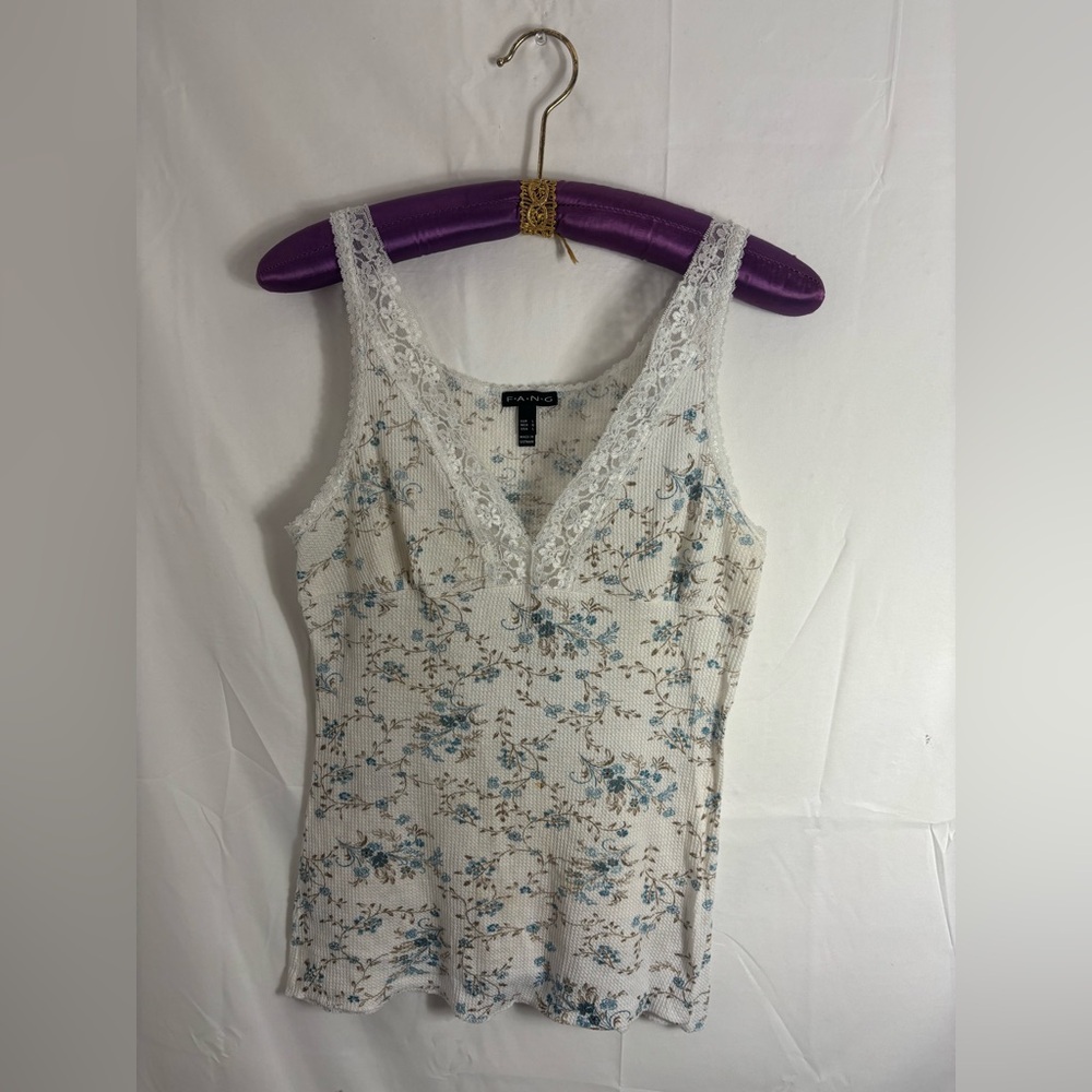 Y2K F.A.N.G White and Blue Waffle Knit Lace Coquette Fairy Grunge‎ Top Size L